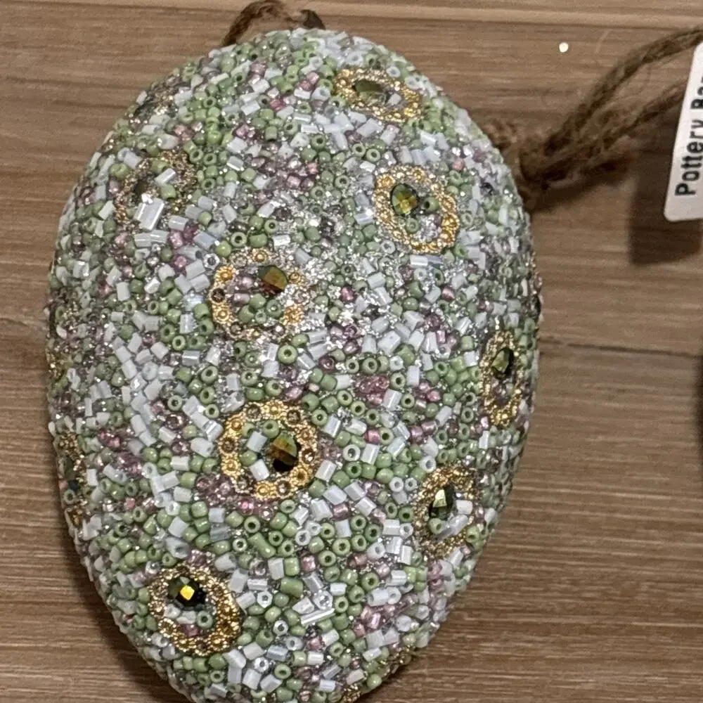 Pottery Barn Large Easter Beaded Ornament Egg Set Of 2 Mint Green Pink Gold